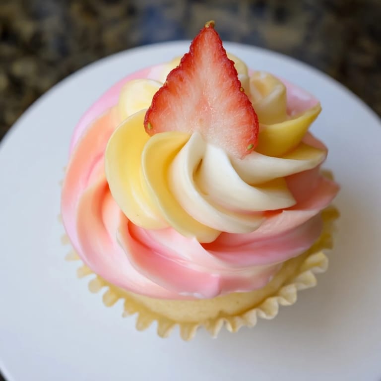 Delicious Mango Strawberry Sunset Cupcakes, bursting with mango and summer strawberry sweetness, ready to enjoy.