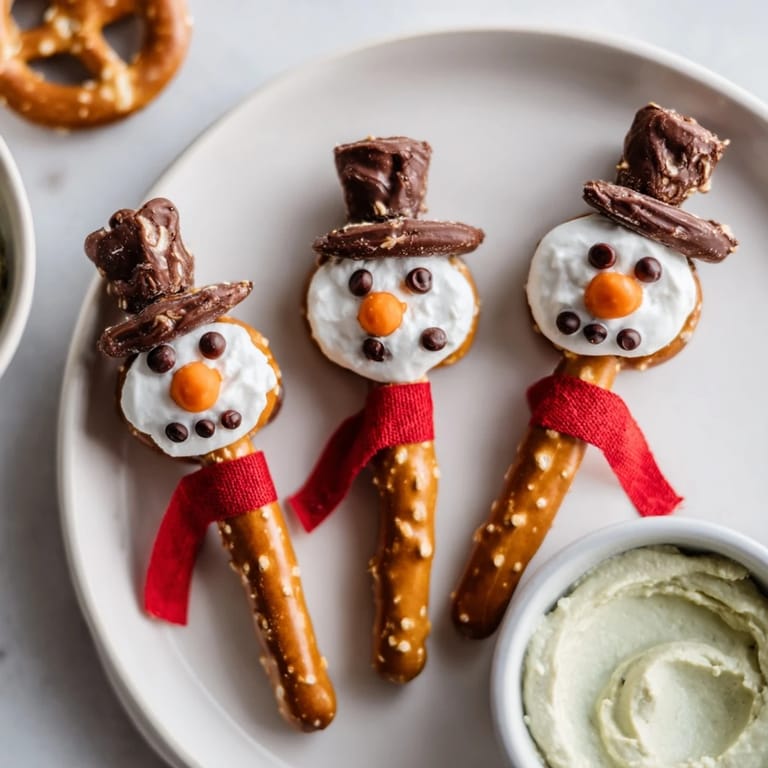 Delicious Snowman pretzel bites, a fun and easy appetizer for parties with savory creamy dips.