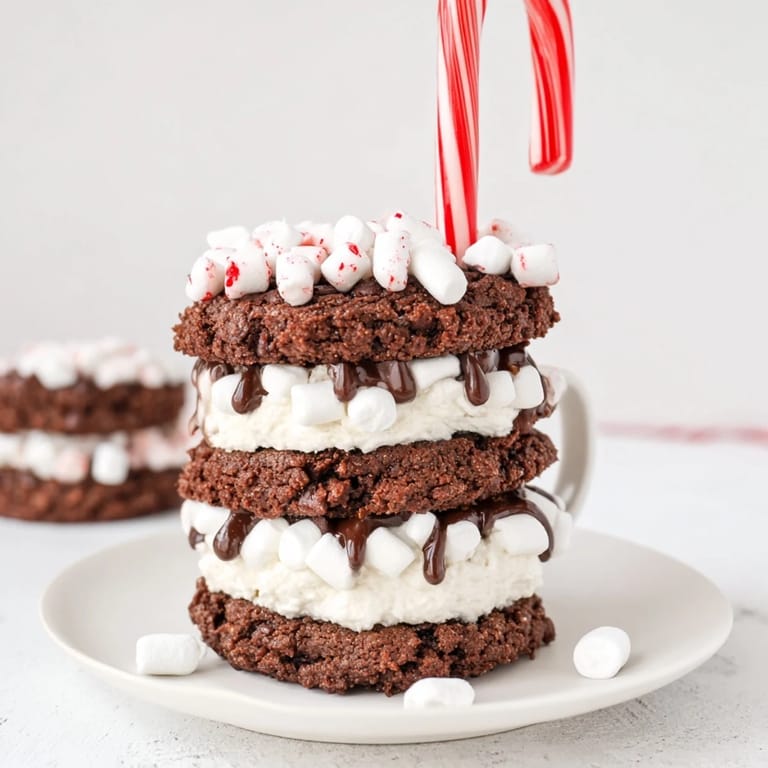 Decadent hot cocoa mug cookies stacked high, appealing dessert ready to enjoy with a warm beverage.