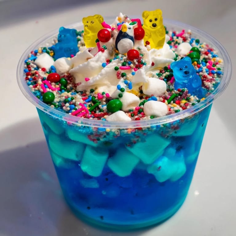 Vibrant blue Snow Globe Jello Cups are served in clear cups, full of gelatin, marshmallows, and festive toppings.