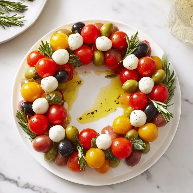A tempting view of the colorful Olive and Cherry Tomato Wreath, perfect for a party, looking delicious.