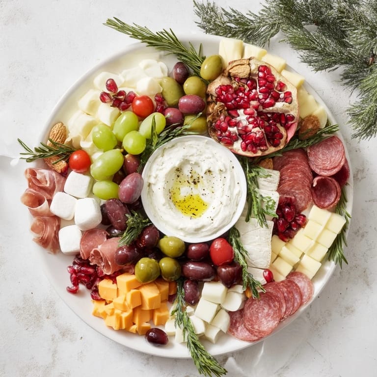 A festive The Evergreen Wreath Board arrangement with rosemary and olives surrounding a creamy dip.