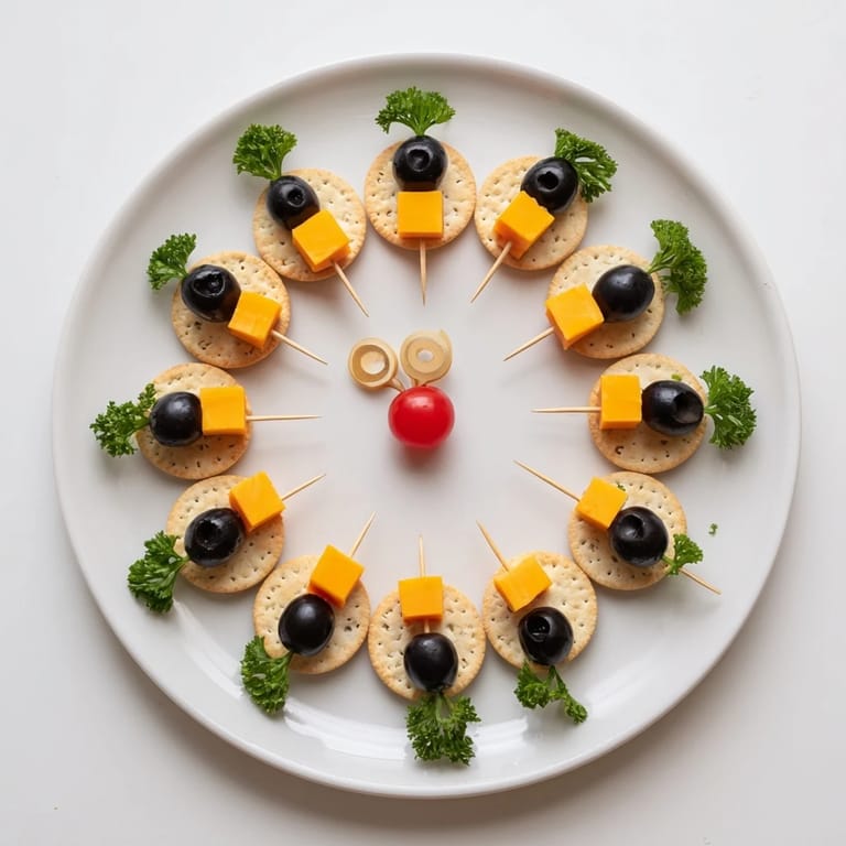A beautiful New Years Clock Countdown platter: round crackers with olive numbers, cheese, and tomatoes.