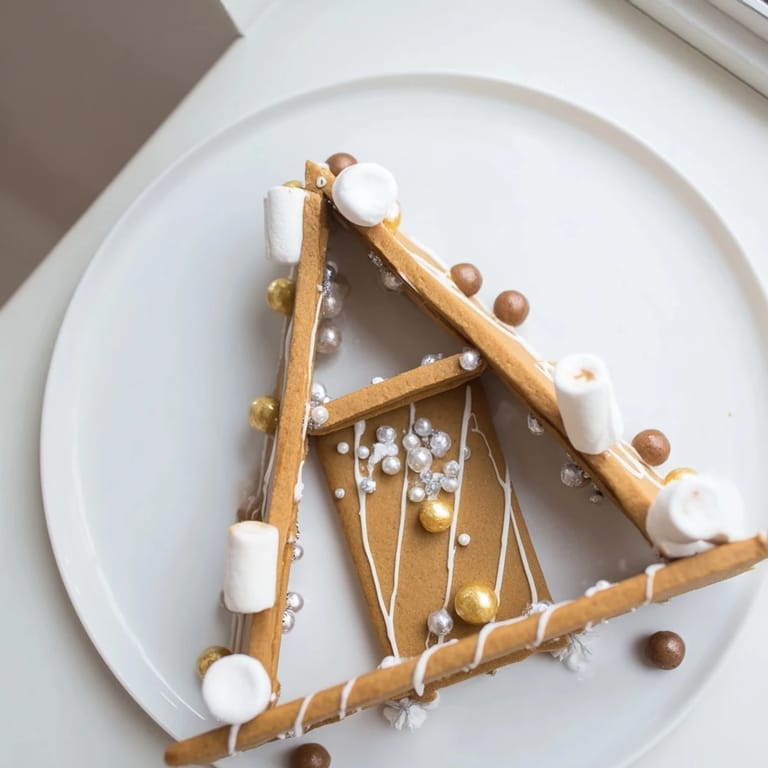 Decorated gingerbread house frame, showcasing white chocolate drizzle and colorful candies for the holidays.
