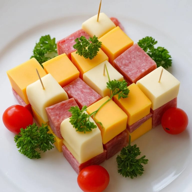 Imagine the striking detail of this Checkerboard Chalet: a vibrant cheese and meat appetizer on a platter.