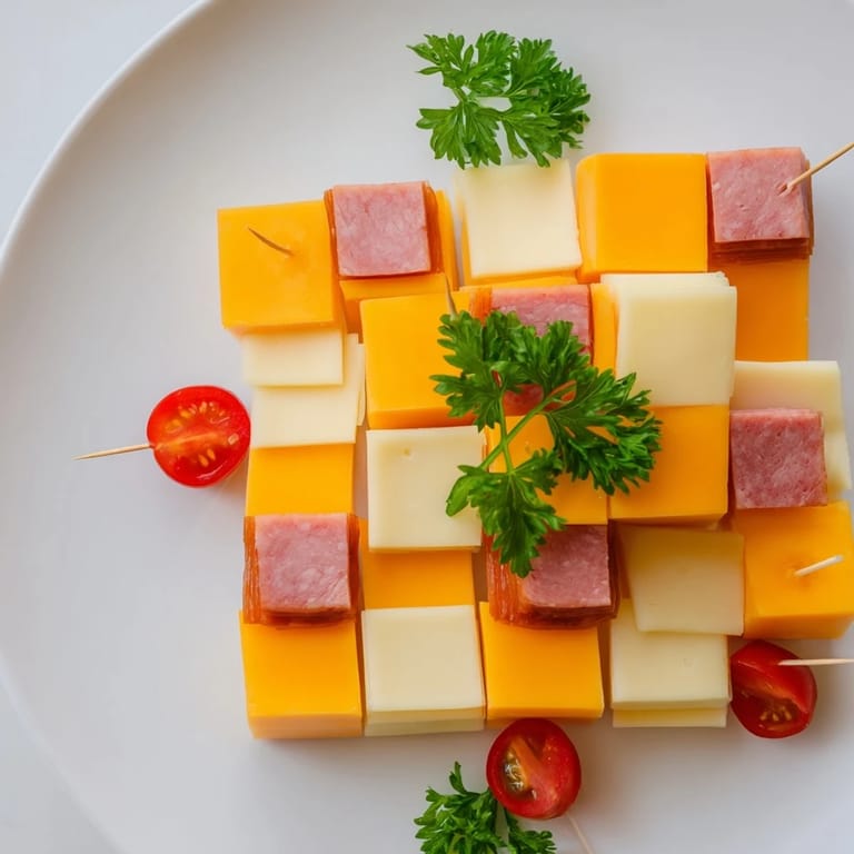 This close-up features the delicious Checkerboard Chalet, a visually stunning, gluten-free appetizer delight.