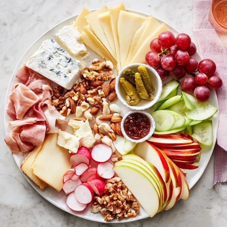 A gorgeous Cheval Heureux Snack Board, ready to share, filled with creamy cheeses and savory charcuterie delights.