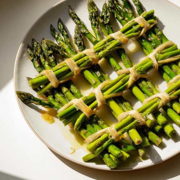 Vibrant The Botanical Lattice shows a close-up of woven asparagus, berries in each square, ready to be enjoyed.