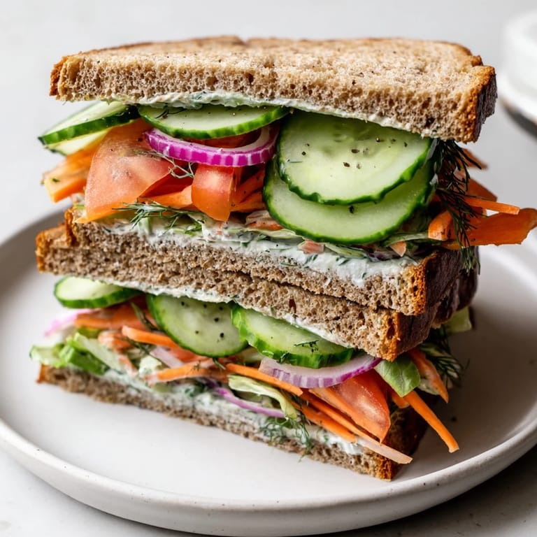 Freshly assembled crunchy dill pickle sandwich cut in half, showcasing pickle-packed goodness.