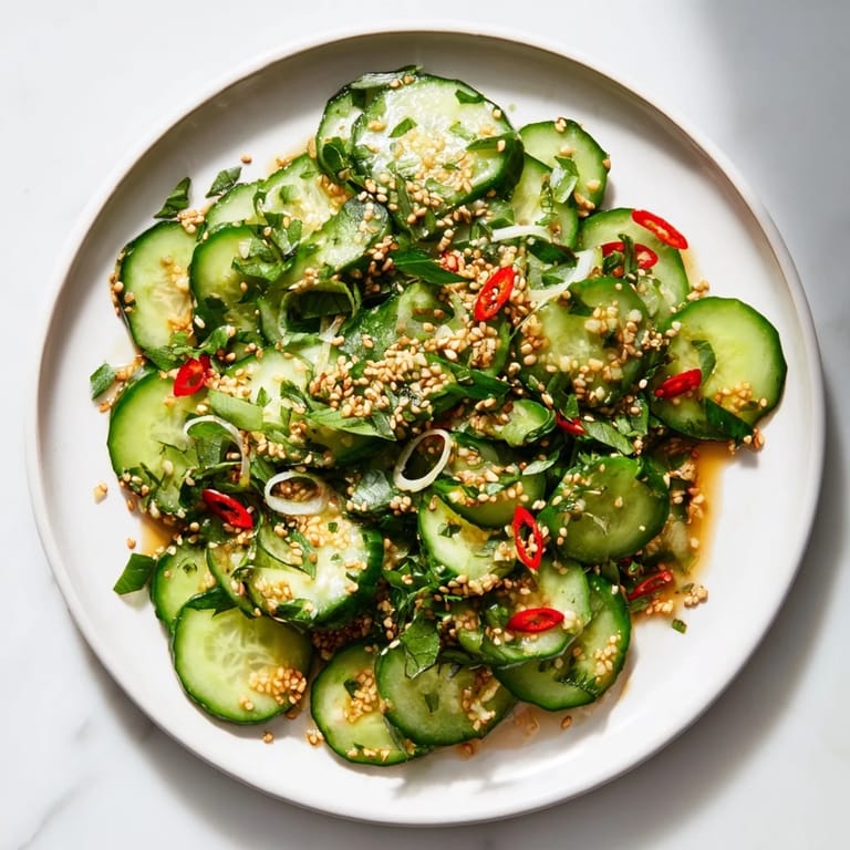 Vibrant Tangy Shaken Asian-Style Cucumber Salad with sesame seeds, a quick side dish bursting with flavor.