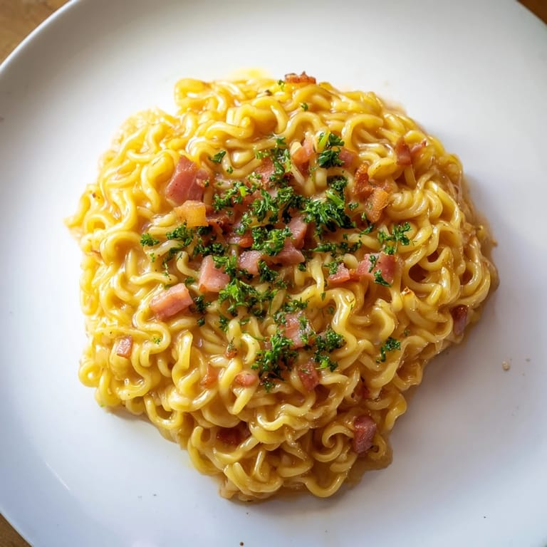 Homemade Ramen Carbonara Hack: rich noodles coated in egg and Parmesan, ready for a delicious meal.