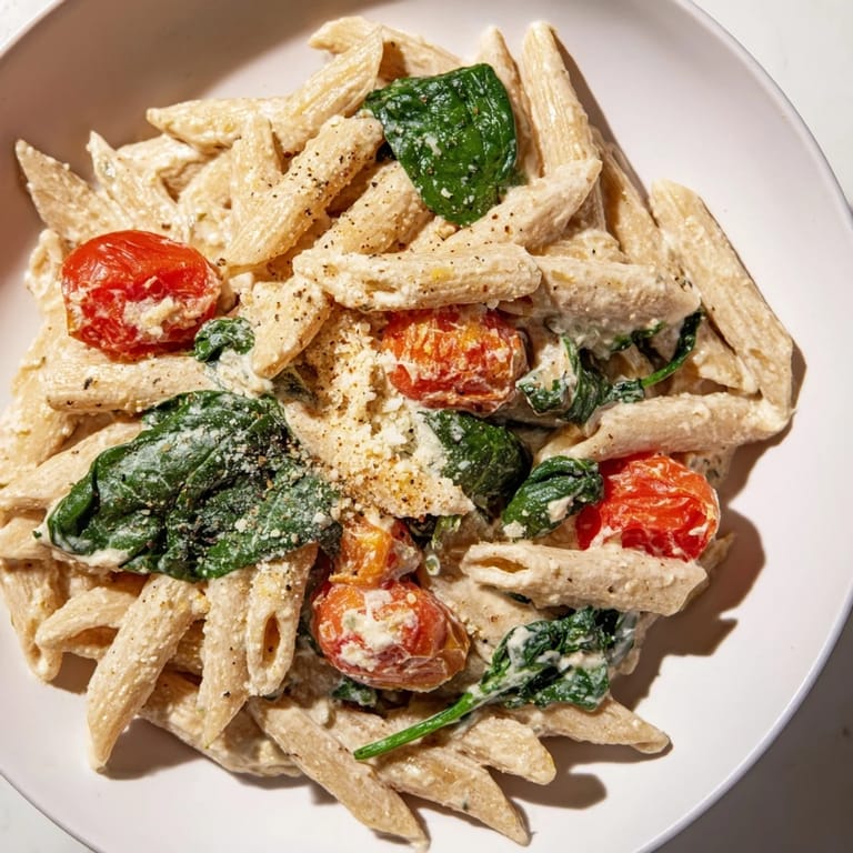 Close-up of Cottage Cheese High-Protein Creamy Pasta showing the smooth, blended cottage cheese sauce.