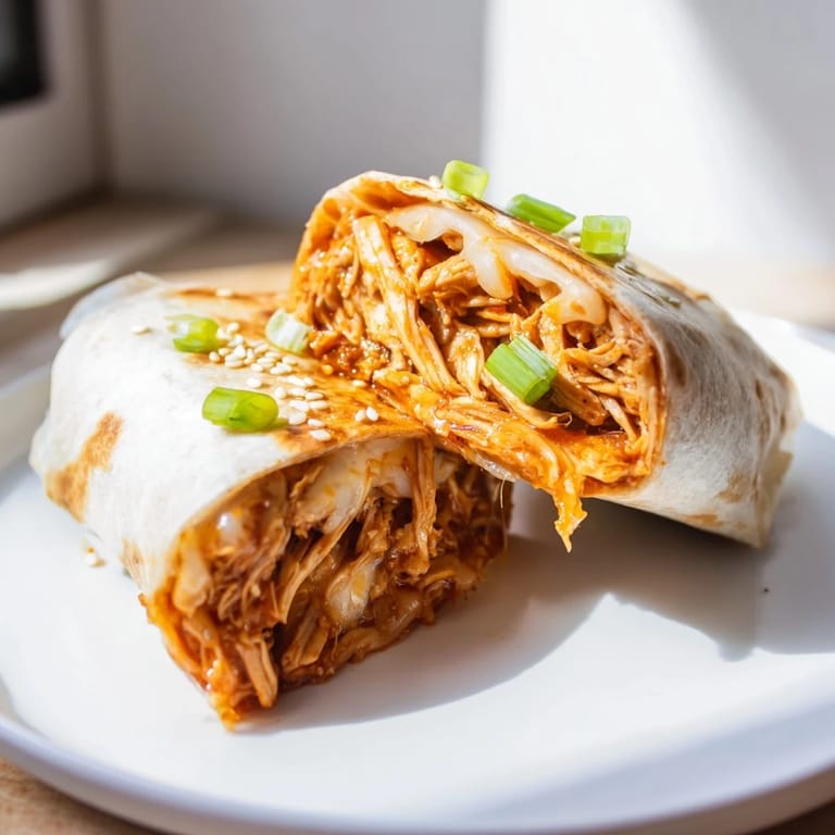 Close-up of a delightful Korean BBQ Chicken Wrap Grilled Cheese, perfectly browned with toasted sesame seeds.