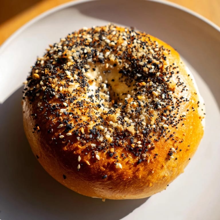 A close-up of savory Everything Bagel Yogurt Bagels, speckled with seasoning, steaming slightly.