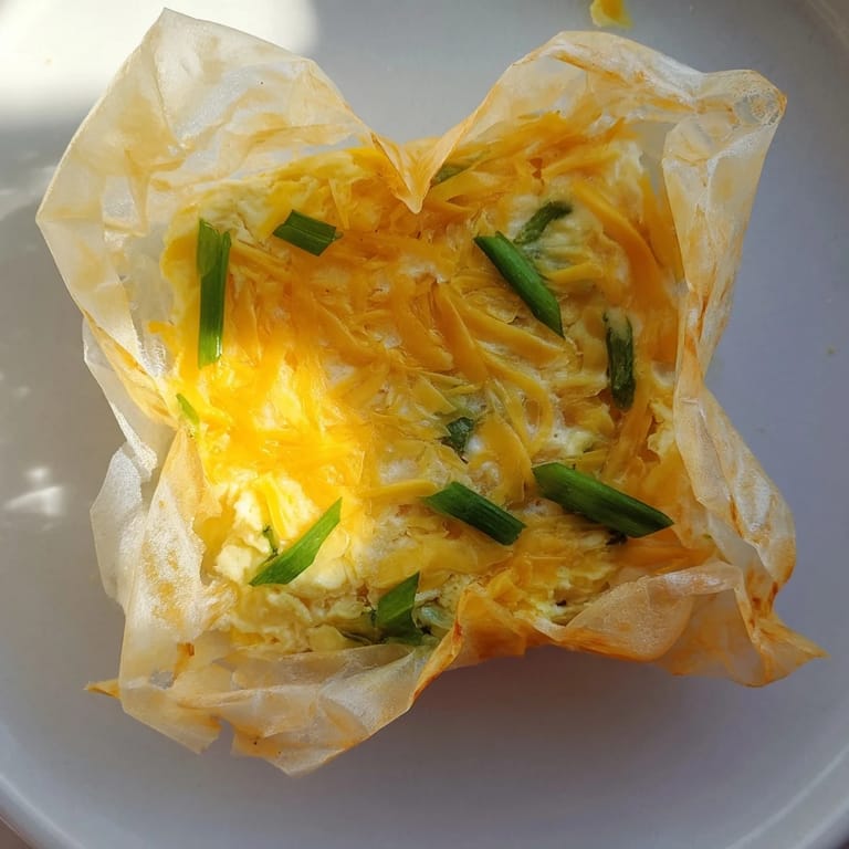 Freshly made Rice Paper Egg & Cheese Fold, a perfect vegetarian breakfast snack, is being served hot.