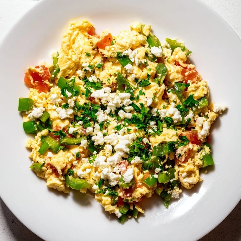 Golden, creamy Turkish Menemen scramble served hot, with vibrant tomatoes, peppers, and fluffy eggs.