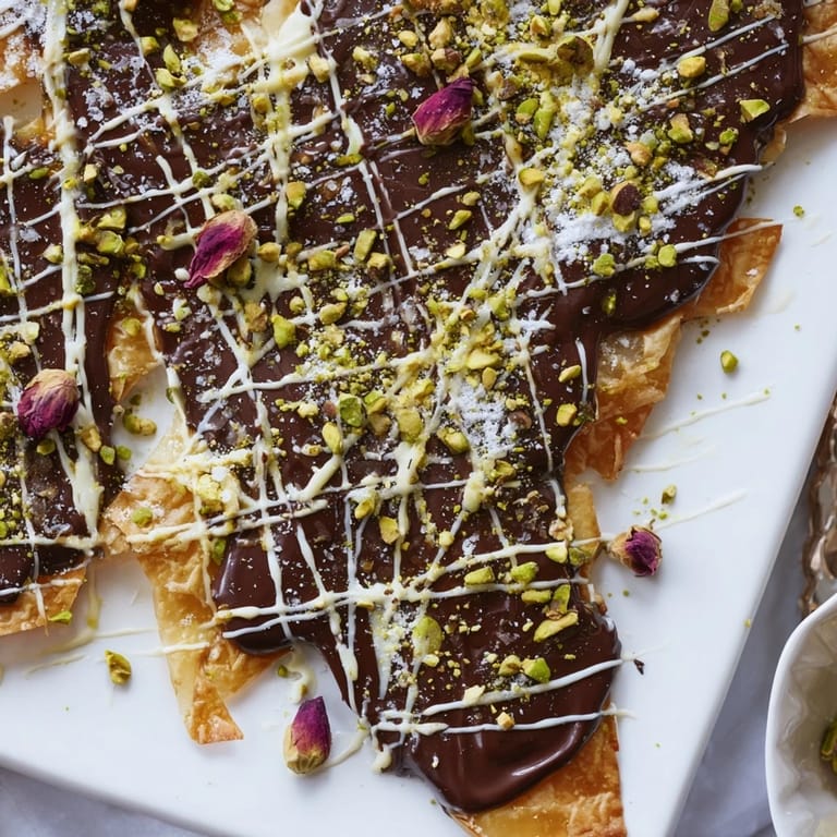Homemade Pistachio Dubai Chocolate Bark featuring crispy phyllo, perfect for dessert with coffee or tea.
