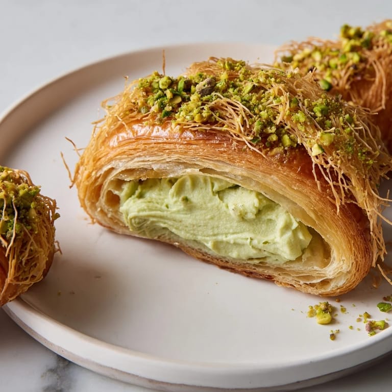 Buttery Pistachio Cream Croissants: a delicious, creamy filling inside toasted croissants, perfect with coffee.