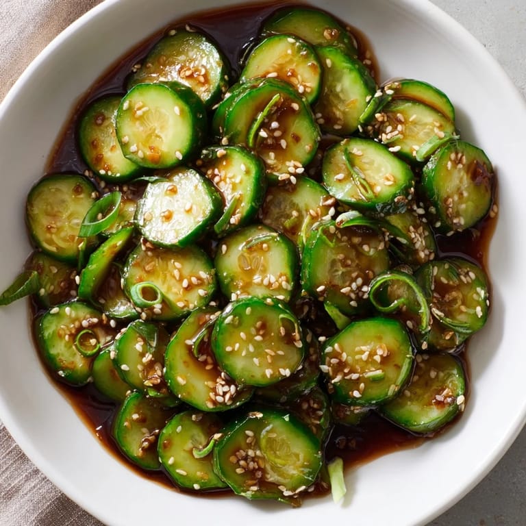 Close-up of crispy Shake Shake Garlic Cucumbers glistening with savory sauce, a delicious vegan side.