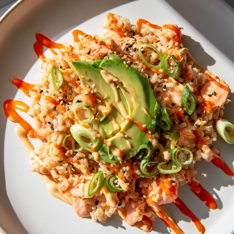 Warm Emily Mariko Salmon Rice Bowl with creamy avocado and spicy mayo, perfect for lunch.