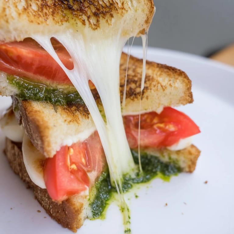 A close-up of a warm Caprese Pesto Grilled Cheese, showing vibrant green pesto and ripe red tomatoes layered with gooey mozzarella inside toasted bread.