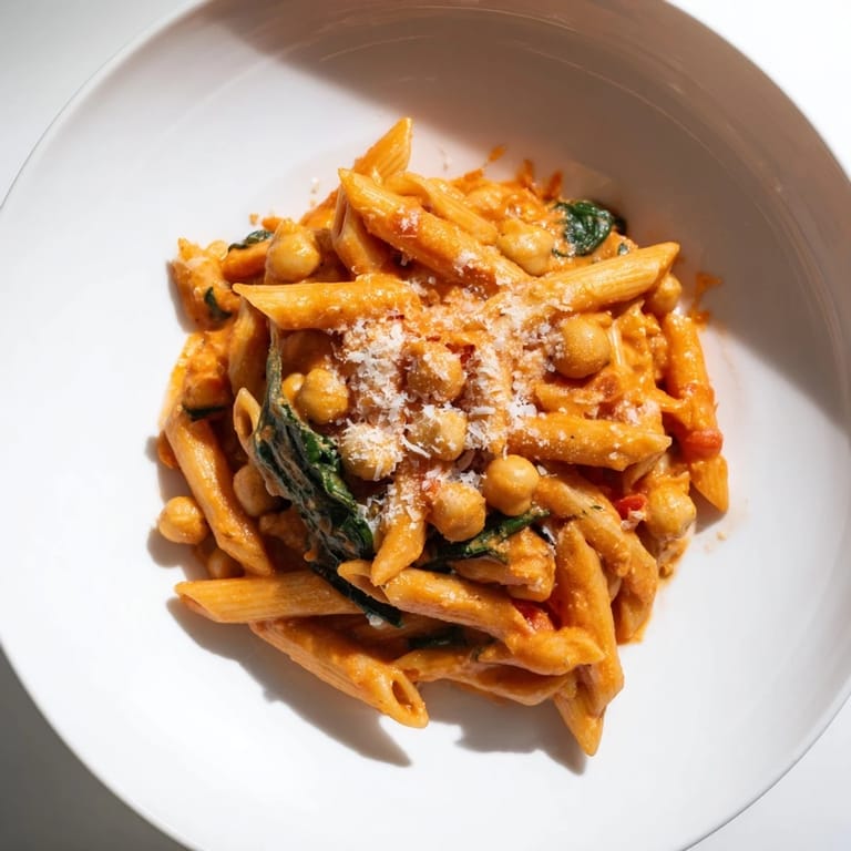 Homemade Creamy Tuscan Chickpea Pasta paired with a glass of white wine on a dinner table.