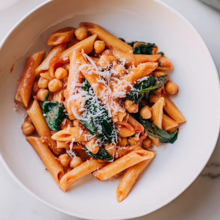 Fork twirling a bite of al dente pasta with creamy chickpeas and wilted spinach leaves.