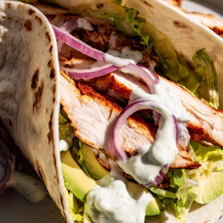 A close-up shows juicy marinated chicken nestled inside a soft wrap with bright lettuce and diced tomatoes.