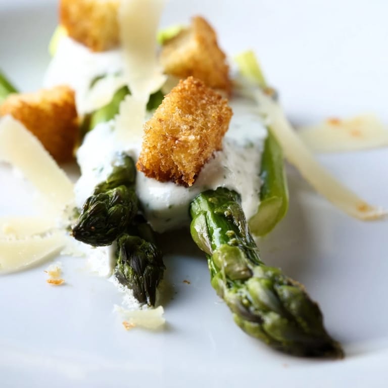 Fresh romaine salad with tender roasted asparagus, crispy bread cubes, and shaved Parmesan, all tossed in a light, homemade yogurt Caesar dressing.