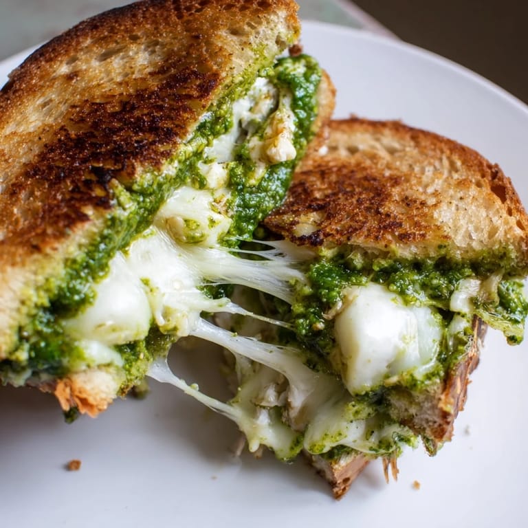 A vibrant green spring pea pesto grilled cheese on sourdough, garnished with arugula and lemon zest for a fresh, seasonal bite.