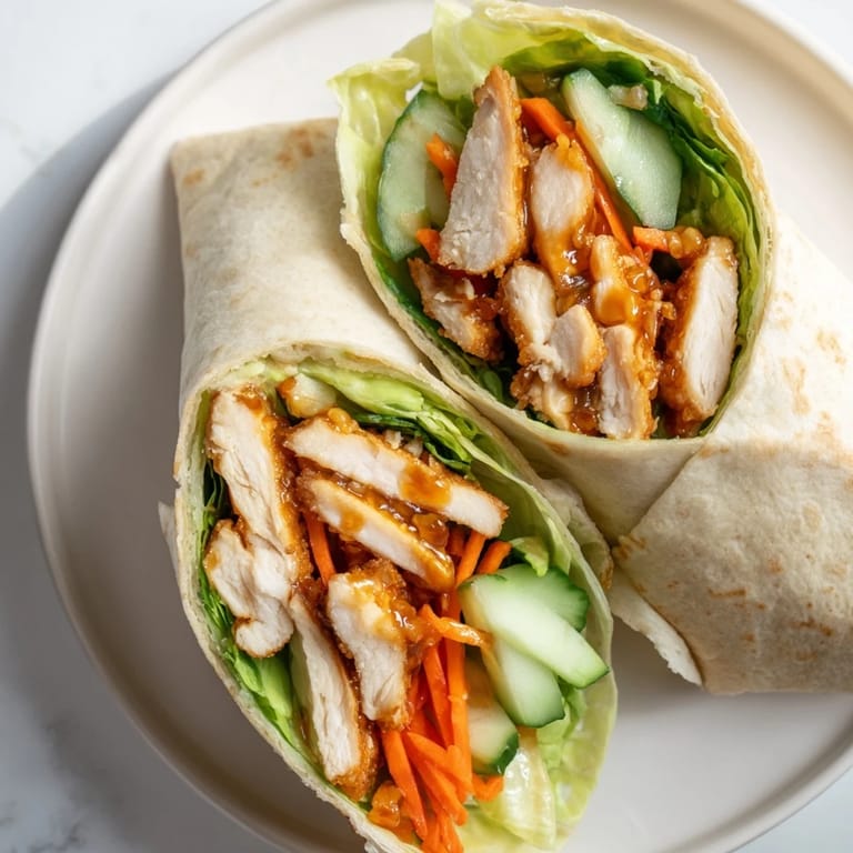A close-up of a Honey Chili Crunch Chicken Wrap, sliced to reveal layers of juicy chicken and fresh, crunchy vegetables.  