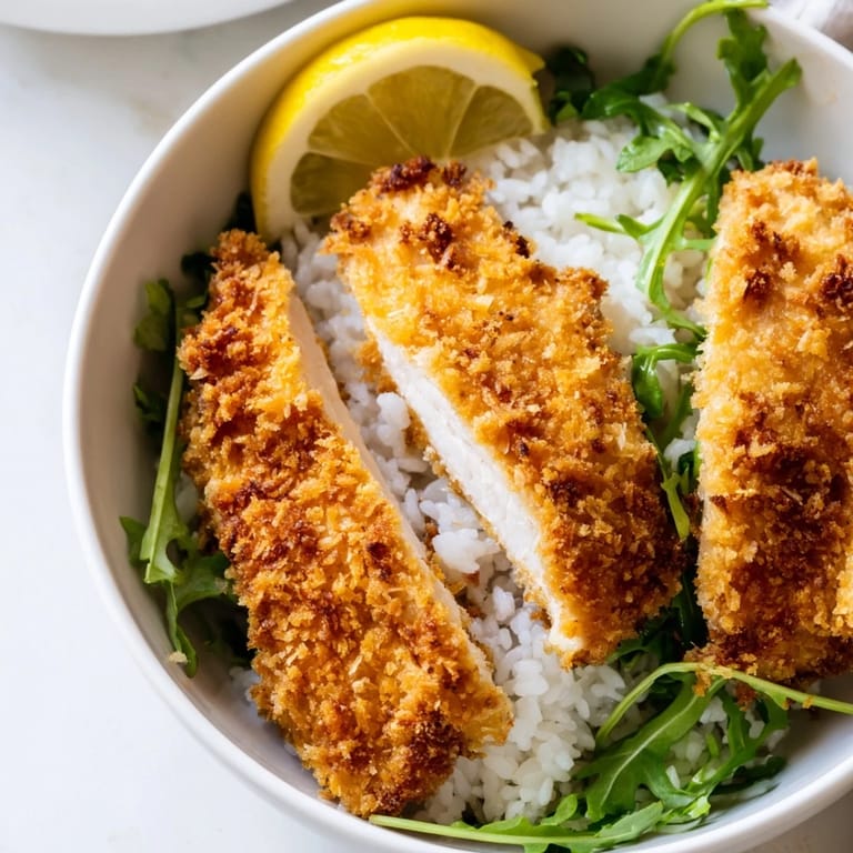 Crispy Parmesan Chicken Cutlet Bowl garnished with parsley, showcasing a crunchy, golden-brown chicken piece over a bed of greens.