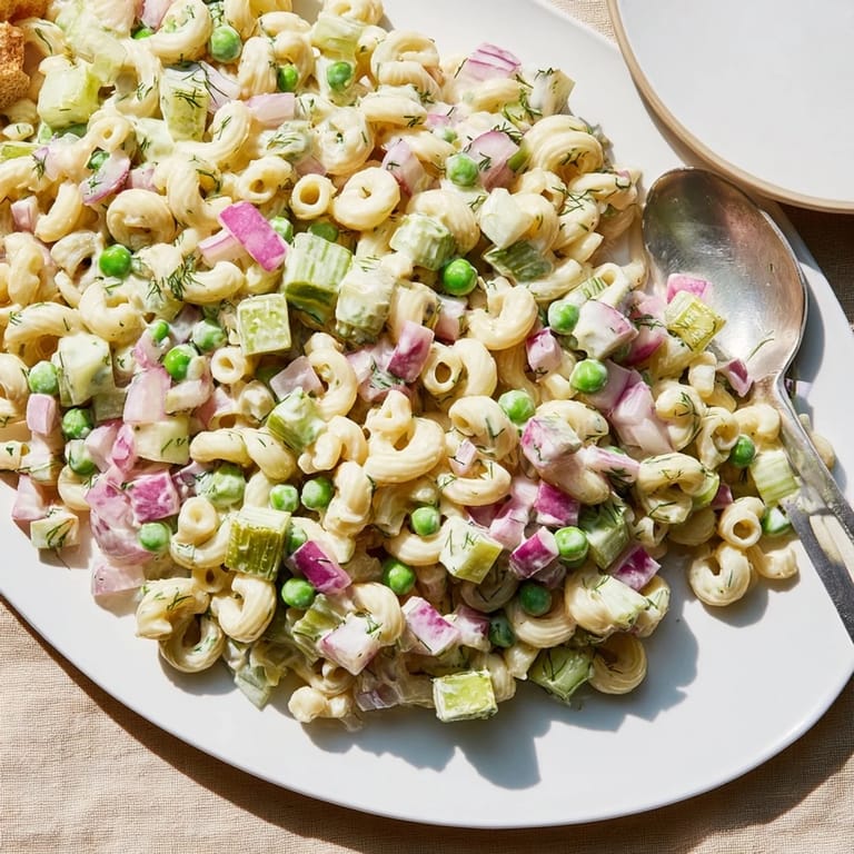 Close-up of Creamy Dill Pickle Pasta Salad showing tender pasta, celery, and red onion tossed in creamy dressing.