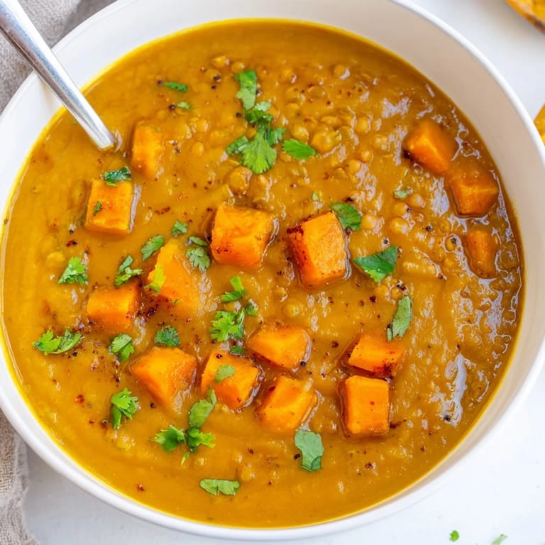 Velvety orange butternut squash and lentil soup blended until smooth, steaming beside a slice of crusty gluten-free bread.