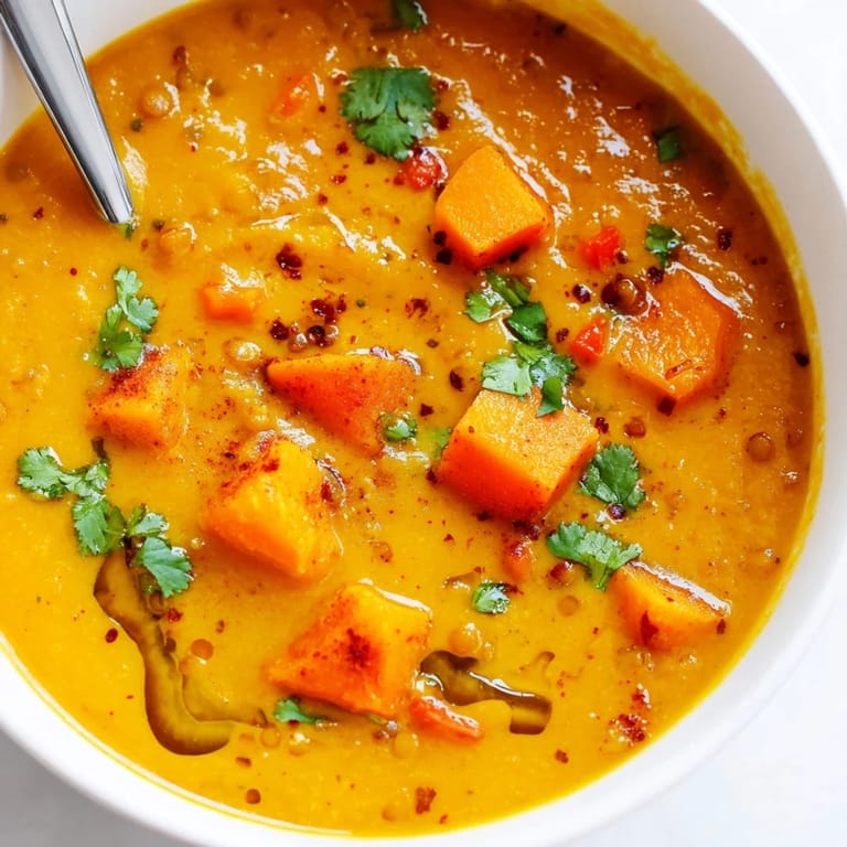 Hearty, creamy vegan butternut squash and lentil soup garnished with fresh parsley and a lemon wedge, ready for cozy dinners.  