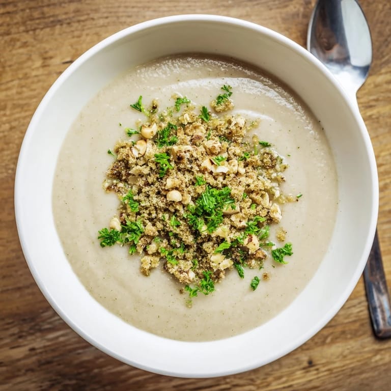 Velvety celeriac soup garnished with golden hazelnut crumble, perfect alongside crusty bread or a crisp white wine pairing.