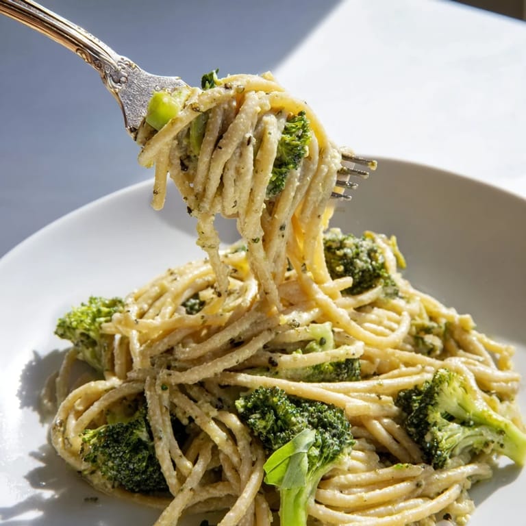 Spring-inspired One-Pot Lemon Broccoli Pasta served steaming in a skillet, garnished with fresh basil and a light dusting of Parmesan.  