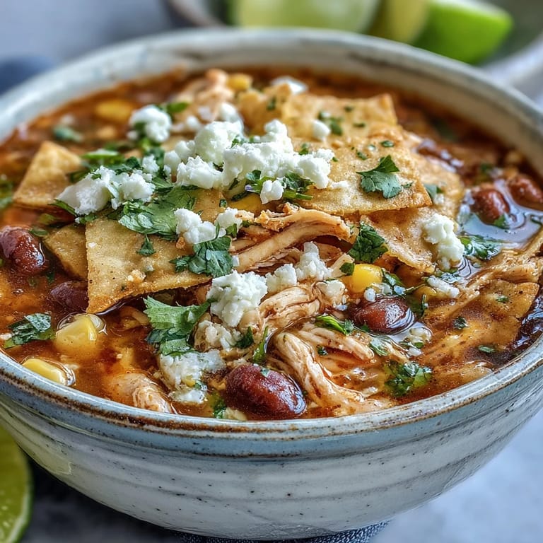 Comforting bowl of Chicken Tortilla Soup, ready to be garnished with lime.