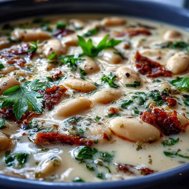 Savory Tuscan White Bean Soup: drizzled with oil, topped with Parmesan and herbs.