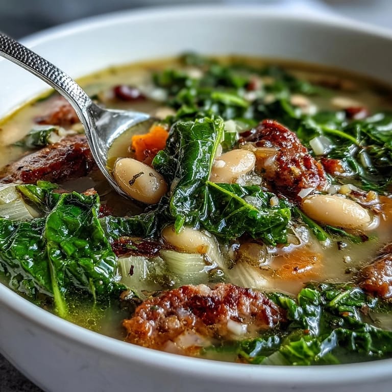 Rustic Italian White Bean Soup with Kale and Sausage, perfect for a cozy dinner.