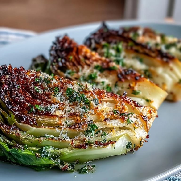 Golden-brown Roasted Garlic Parmesan Cabbage Wedges rest on a baking sheet, garnished with fresh herbs for a rustic, vegetarian side dish.