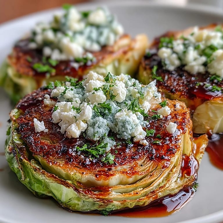 Close-up of crispy cabbage steaks with crumbled feta and fresh parsley garnish, perfect for a healthy weeknight dinner side.