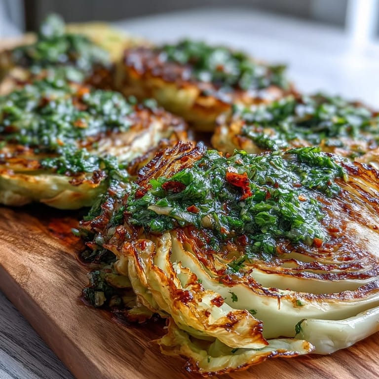 Crispy-edged cabbage steaks with a drizzle of herb-packed jalapeño chimichurri, perfect for a plant-based dinner plate.
