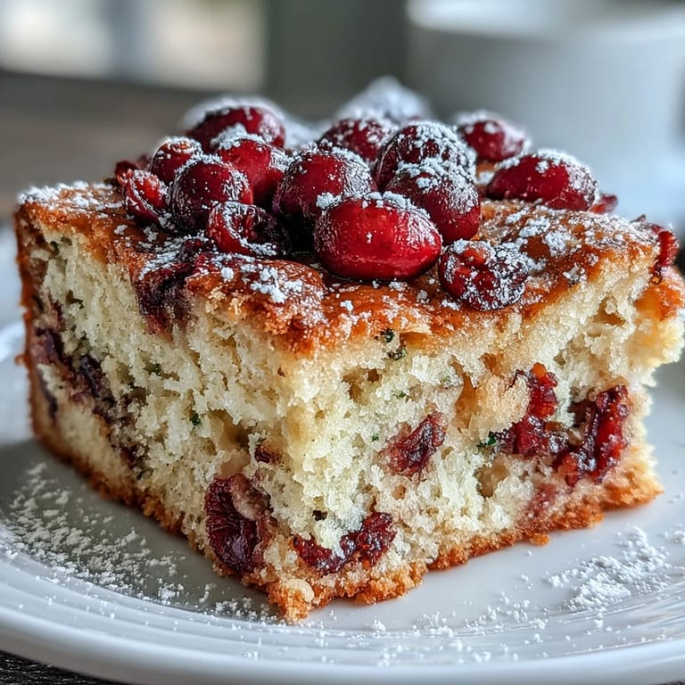 Golden brown Cranberry Orange Breakfast Cake in a round pan, showing vibrant red cranberries and specks of orange zest.