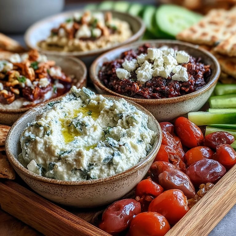 Colorful Mediterranean brunch board featuring hummus, baba ganoush, and tzatziki dips, plus crumbled feta, olives, and warm flatbread triangles.