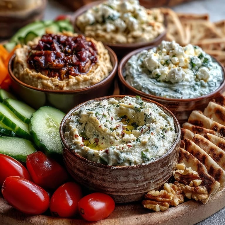 A generous Mediterranean brunch board with rich dips, crunchy vegetables, briny olives, and fresh flatbreads, ideal for sharing at a gathering.