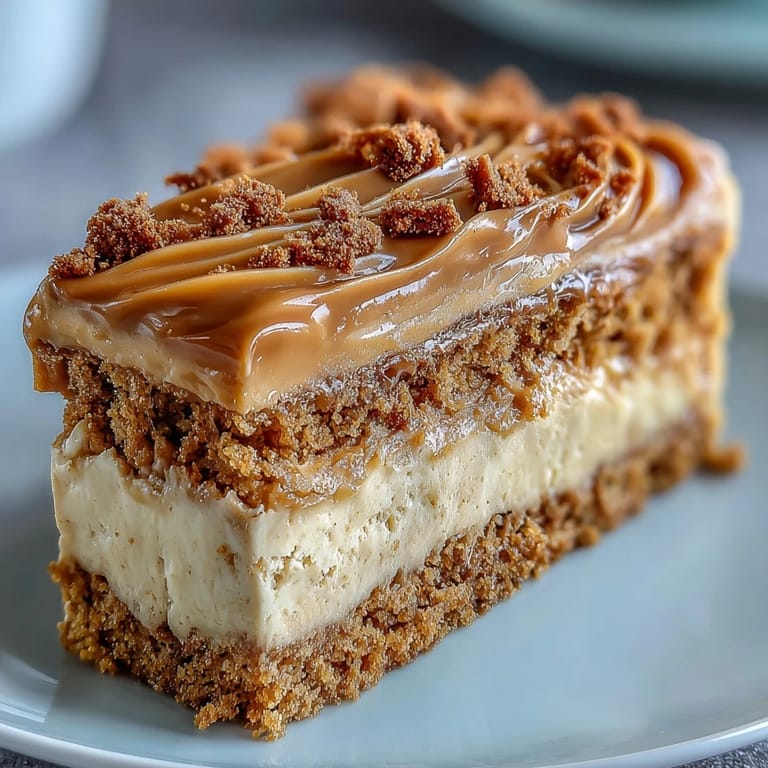 A tall slice of Decadent Baked Biscoff Cake with Creamy Lotus Frosting reveals tender crumb and smooth frosting on a marble plate.