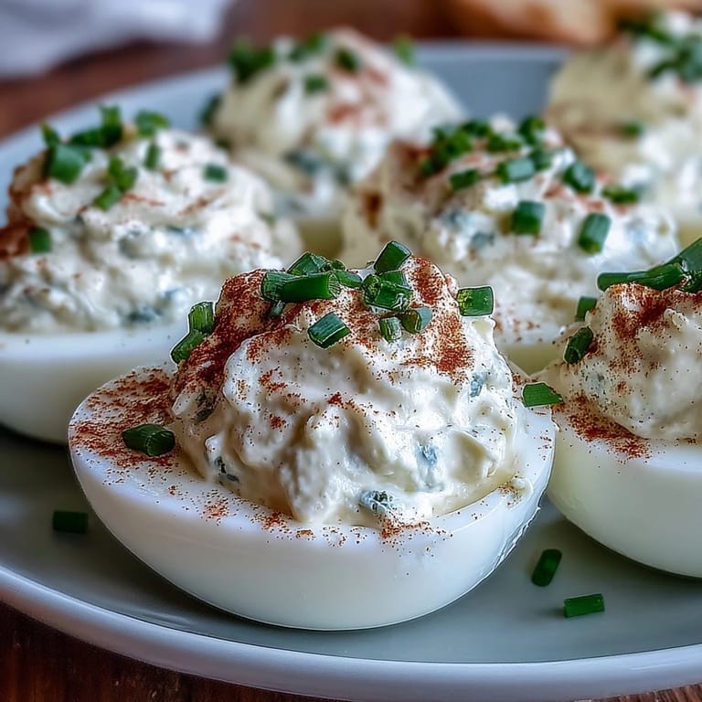 Million Dollar Deviled Eggs with creamy whipped yolks and finely chopped chives showcased in a close-up view.