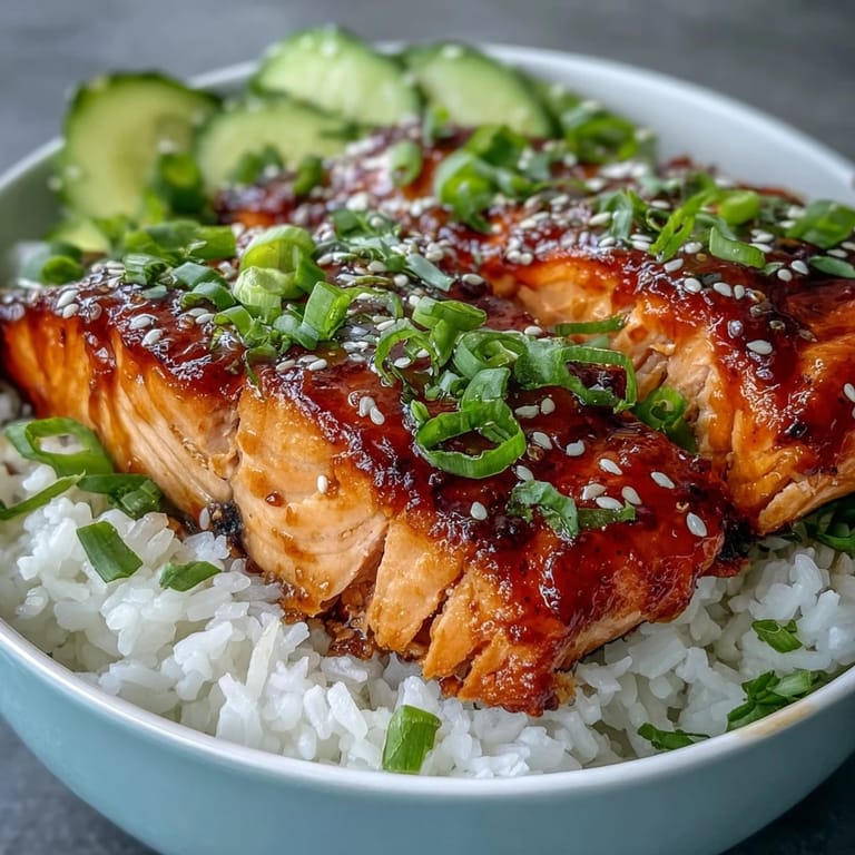 A finished Honey Sriracha Salmon Bowl, featuring pan-seared fish, edamame, and a drizzle of creamy sriracha mayo.