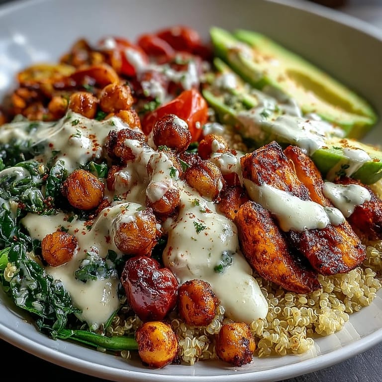 Colorful Buddha Bowl with Quinoa, Roasted Sweet Potatoes, Crispy Chickpeas, Fresh Veggies & Garlic Tahini Dressing ready to be enjoyed.